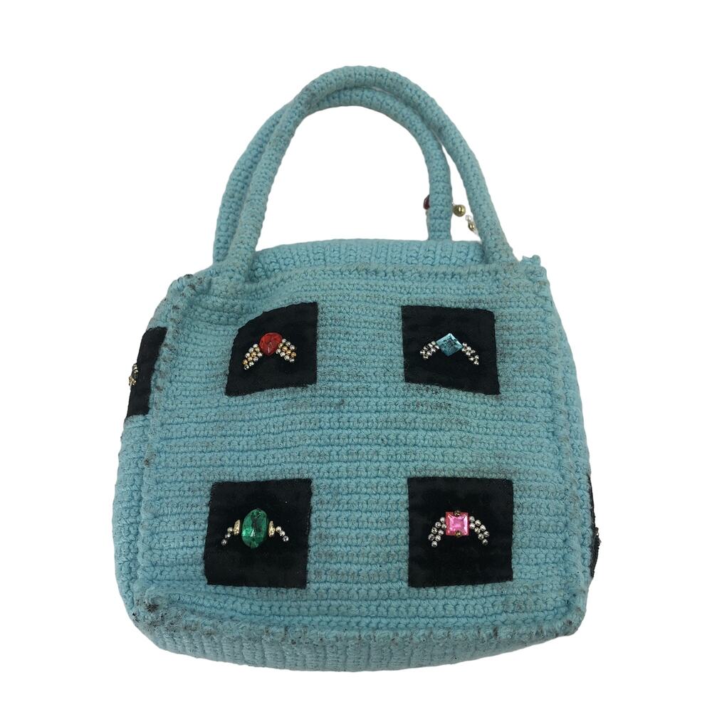 Vintage Unbranded Womens Handmade Crochet Knitted Tote Bag Turquoise Small